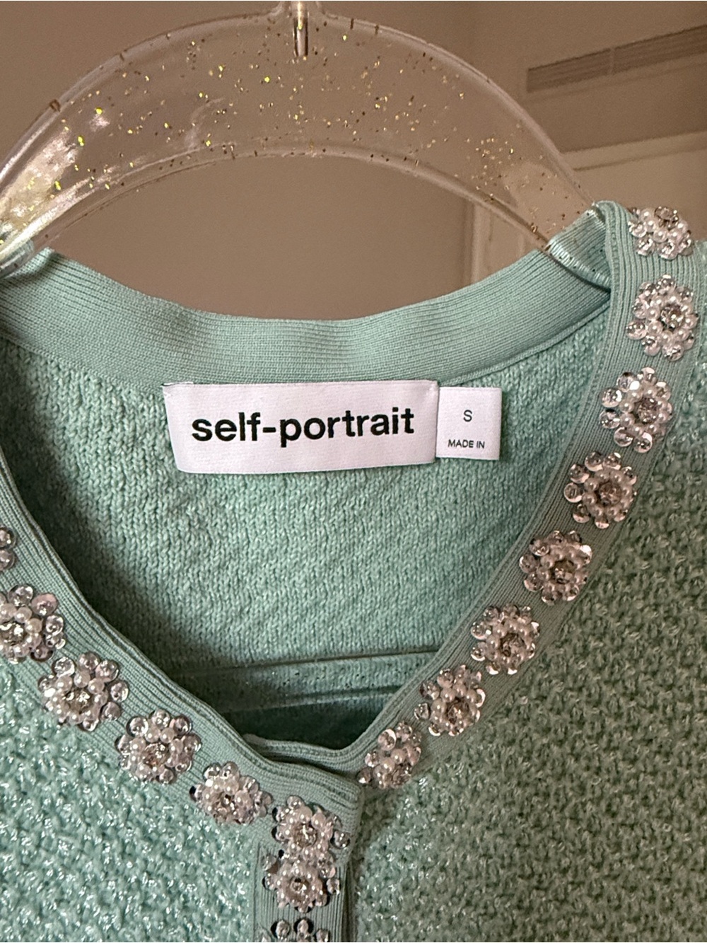 Self-Portrait Mint Green Tweed Short-Sleeve Pocket Dress with Jewel Trim - Picture 4 of 7